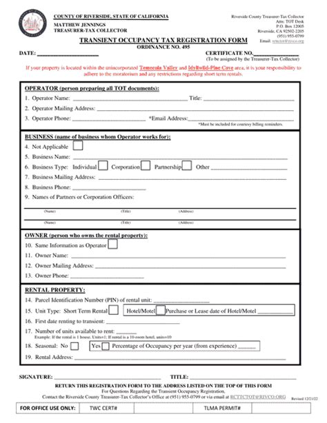 Riverside County California Transient Occupancy Tax Registration Form