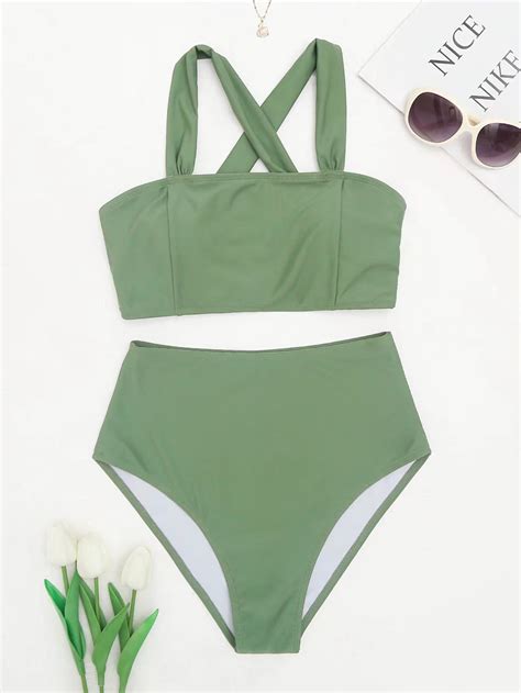 Bañador bikini liso cruzado de talle alto Moda de Mujer SHEIN México