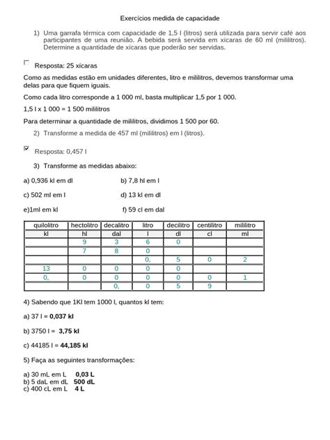 Exercícios Medida de Capacidade 7 Ano | PDF