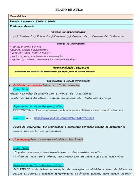 Plano de Aula: Folclore na Educação Infantil | PDF | Aprendizado