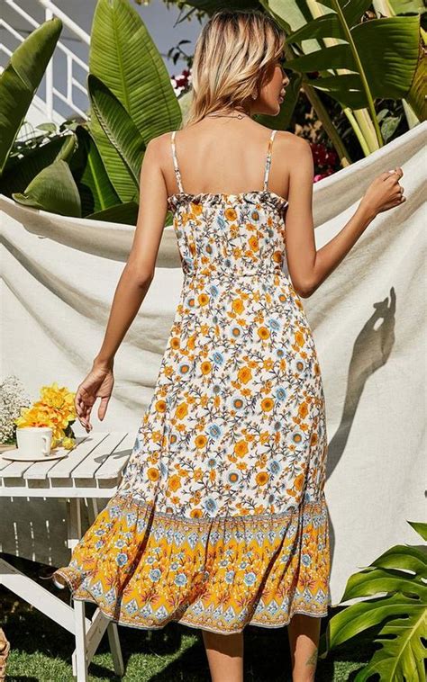 Dresses Yellow And Blue Floral Button Front Strappy Midi Dress In White Fs Collection