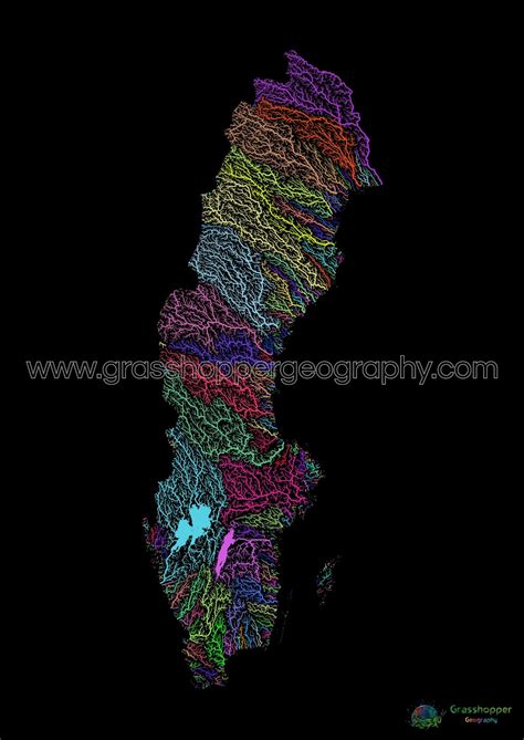 River basin map of Sweden, rainbow colours on black - Fine Art Print – Grasshopper Geography