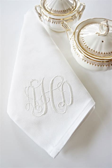 SCROLL II FONT Monogram Embroidered Dinner Napkins and Guest Hand