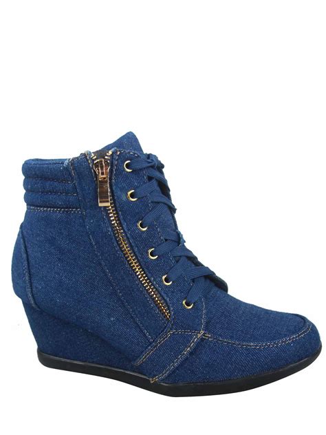 Peggy 56 Womens High Top Fashion Round Toe Lace Up Wedge Sneaker Shoes Denim Blue 85