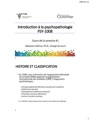 Cours 1 Histoire De La Psychologie Clinique PSY1008 Introduction