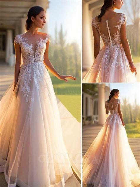 A Line Princess Chic Bateau Short Sleeves Sweep Train Tulle Wedding