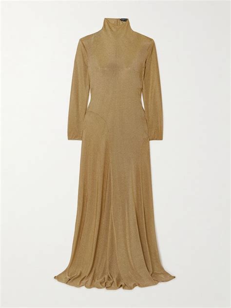 Tom Ford Paneled Metallic Jersey Turtleneck Gown