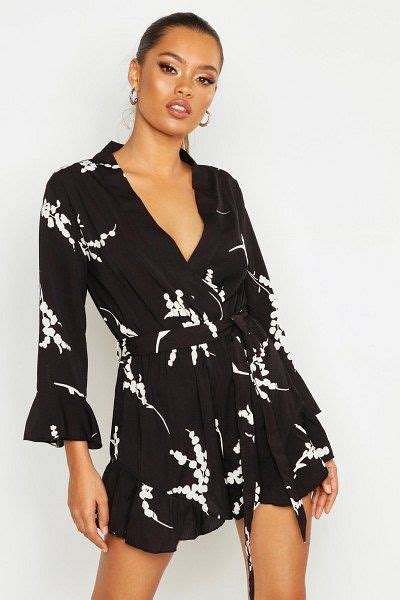 Boohoo Floral Ruffle Wrap Romper Boohoo Rompers Wrap Romper