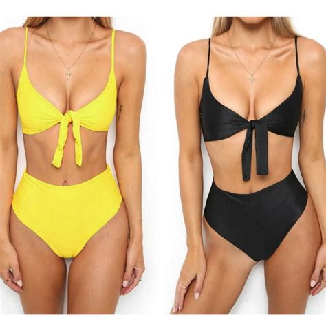 Mulheres Sólidos Cintura Alta Bikini Set Bandage Swimwear Push Up