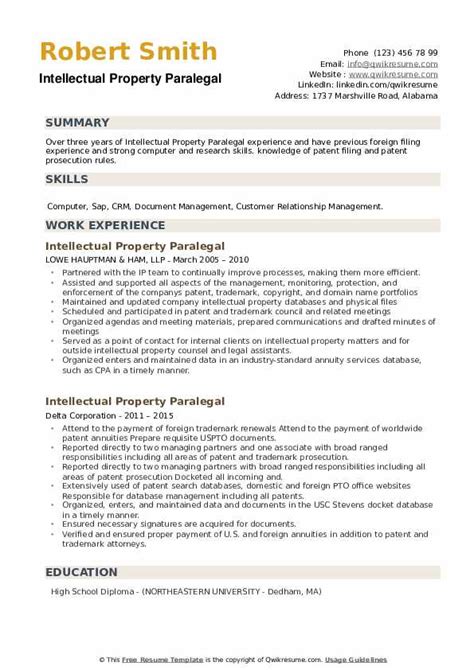 Intellectual Property Paralegal Resume Samples QwikResume