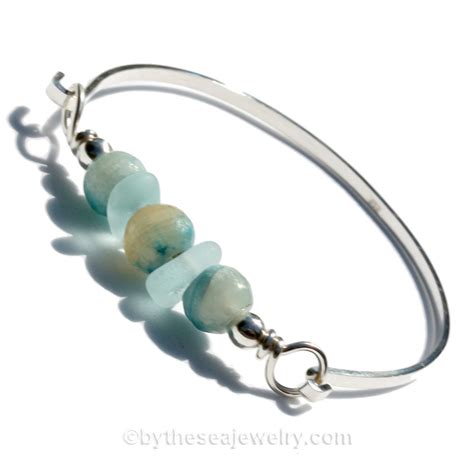 Blue Sea Glass Sterling Bangle Bracelet With Vivid Aqua Bead Sb1373