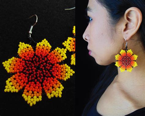 Sunflower Earrings Seed Bead Earrings Huichol Earrings Flower Beaded