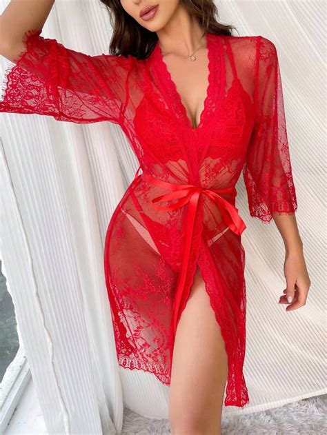 Classic Sexy Floral Lace Belted Robe Without Lingerie Shein Uk