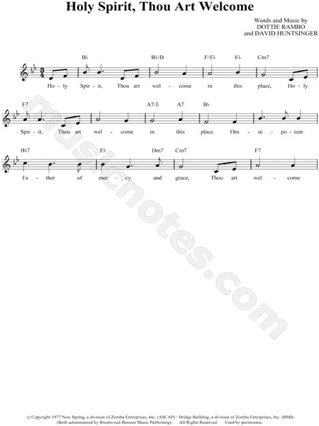 The Speer Family "Holy Spirit, Thou Art Welcome" Sheet Music (Leadsheet) in Bb Major - Download ...