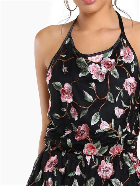 Floral Stitched Halter Romper Black Shein Sheinside