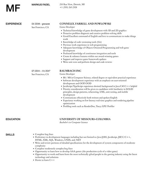 Game Developer Resume Samples Velvet Jobs