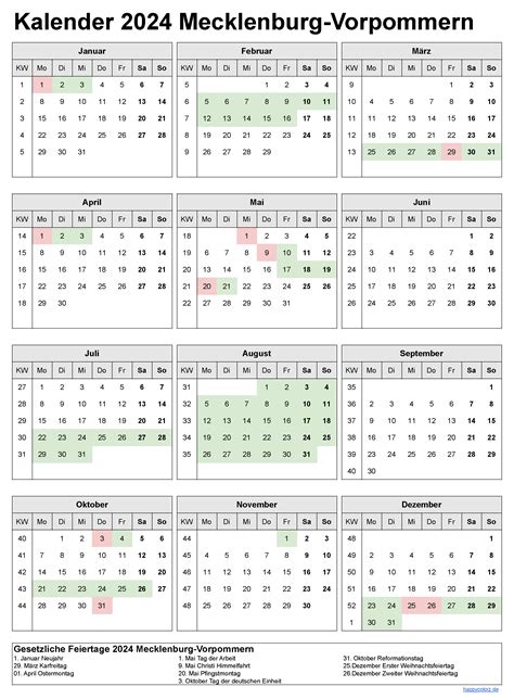 Kalender 2024 inkl Ferien für MV Feiertage pdf xls und png Vorlagen