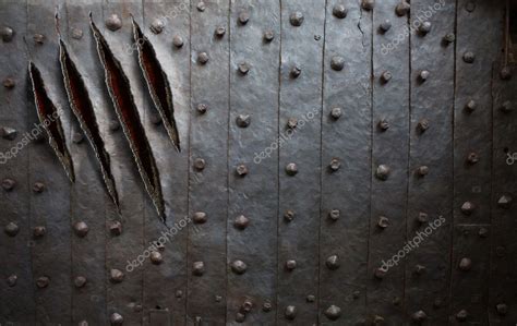 Monster Claw Scratches On Metal Wall Or Door Background — Stock Photo