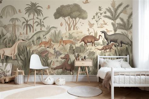 A children's room with a dinosaur wall mural. | Premium AI-generated image