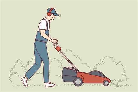 Man In Uniform Cut Grass With Electric Lawn Mower Employee Or Worker