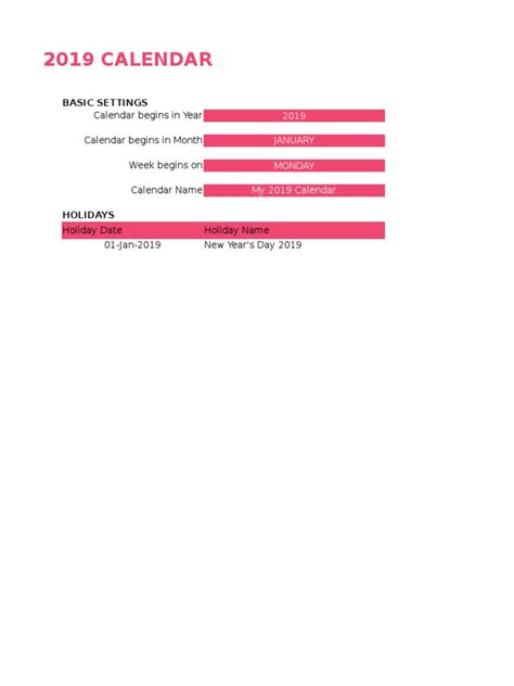 2019 Calendar Excel Template Pdf Workweek And Weekend Holidays