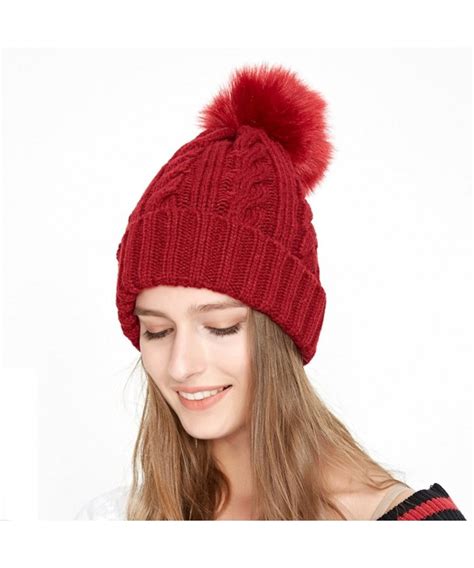 Women Cable Knit Beanie Hat Winter Warm Pom Pom Cap Hats Wine Red