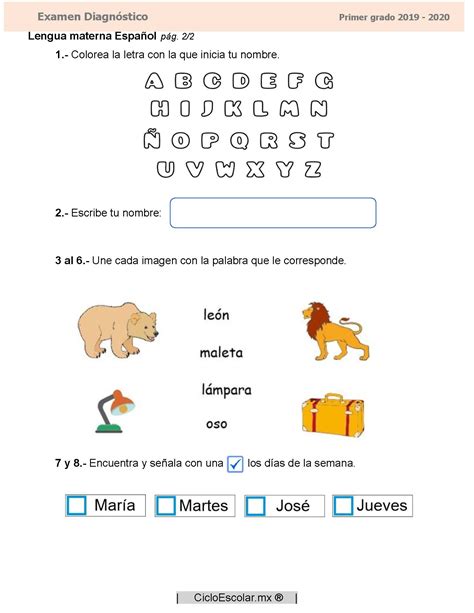 Examen Diagnóstico Primer Grado 2019 2020 Imagenes Educativas