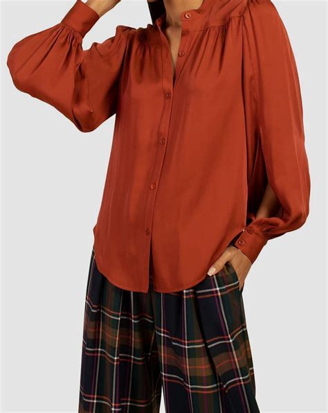 Trina Turk Women S Red Valin Gathered Silk Blend Button Up Top