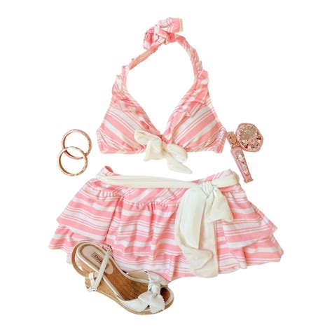 Pink Striped Ruffle Japanese 3 Piece Bikini Set Flutter Vintage