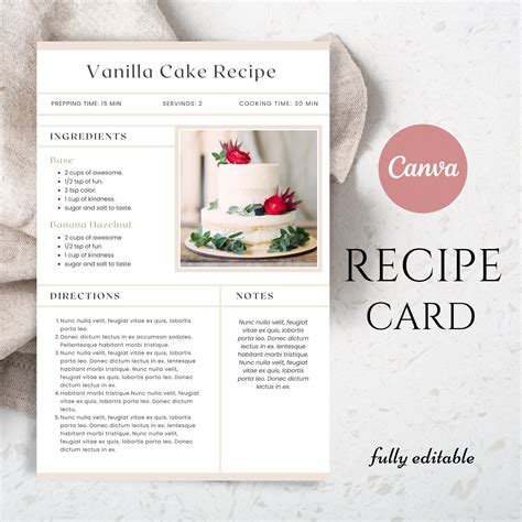 Recipe Card Editable Recipe Card Template Vanilla Cake Recipe