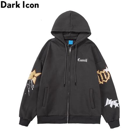 Dark Icon Embroidery Cardigan Hoodie Men Winter Fleece Mens Sweatshirt