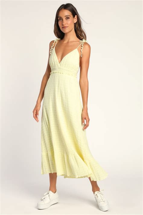 Light Yellow Midi Dress Smocked Midi Dress Tie Strap Dress Lulus