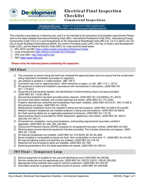 City Of Austin Texas Electrical Final Inspection Checklist