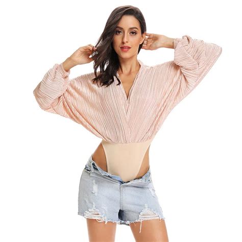 Bodysuit Women Sexy Deep V Neck Solid Bodysuits Women Loose Long Bat