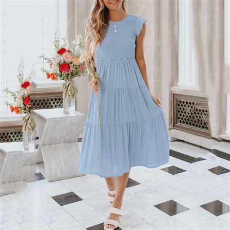 Casual Dresses For Womens Summer Flutter Short Sleeve Crew Neck Smocked