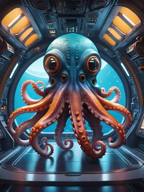 Alien Octopus Inside A Spaceship Generative Ai Illustration Science Fiction Scenery Stock