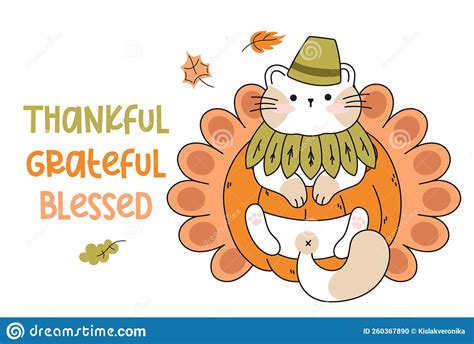 Draw Funny Cat In A Thanksgiving Pumpkin Turkey Kawaii Cat With Pumpkin