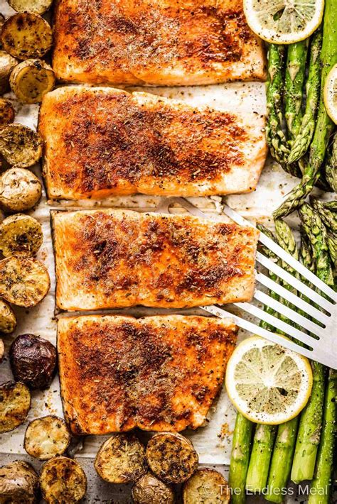 Sheet Pan Salmon With Crispy Potatoes Asparagus The Endless Meal