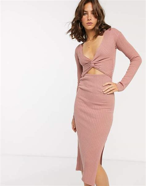 Asos Design Knot Front Cut Out Knitted Midi Dress Asos