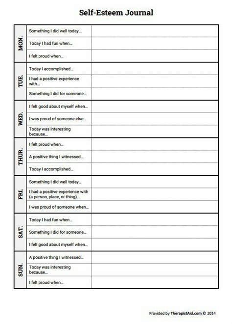 Self Esteem Worksheet For Adults E