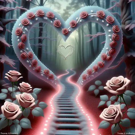 Enchanting Forest Path With Glowing Hearts And Roses Sparklecore