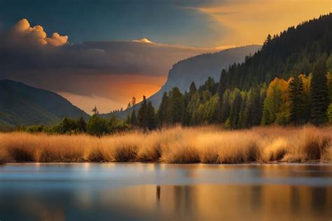 Premium AI Image | A sunset over a mountain lake