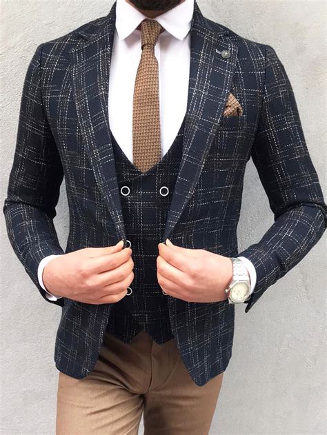 Buy Navy Blue Slim Fit Plaid Wool Suit By BespokeDailyShop