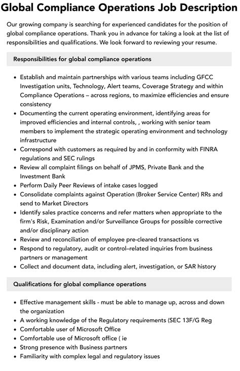 Global Compliance Operations Job Description Velvet Jobs