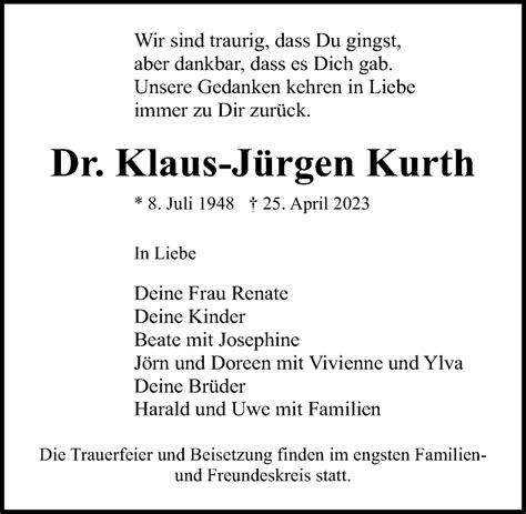 Traueranzeigen von Klaus Jürgen Kurth trauer anzeigen de