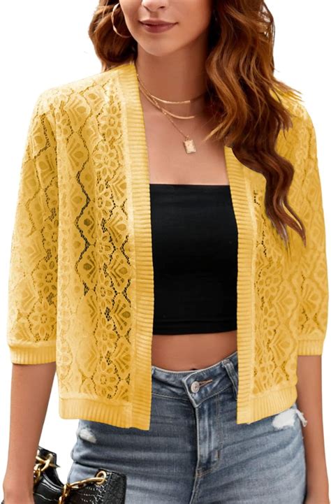 Kukuzhu Womens Casual Summer Lace Cardigan Open Front Sleeve Solid