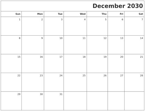 December 2030 Printable Blank Calendar