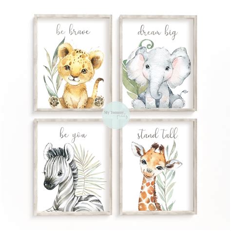 Cute Baby Jungle Safari Animal Prints Set Of 4 Kids Wall Art Etsy