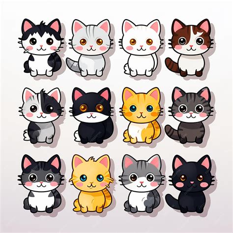 Premium Photo Set Of Cute Cartoon Cat Stickers With Different