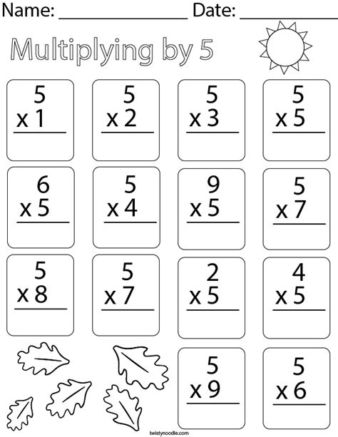 Multiplying By Five Math Worksheet Twisty Noodle